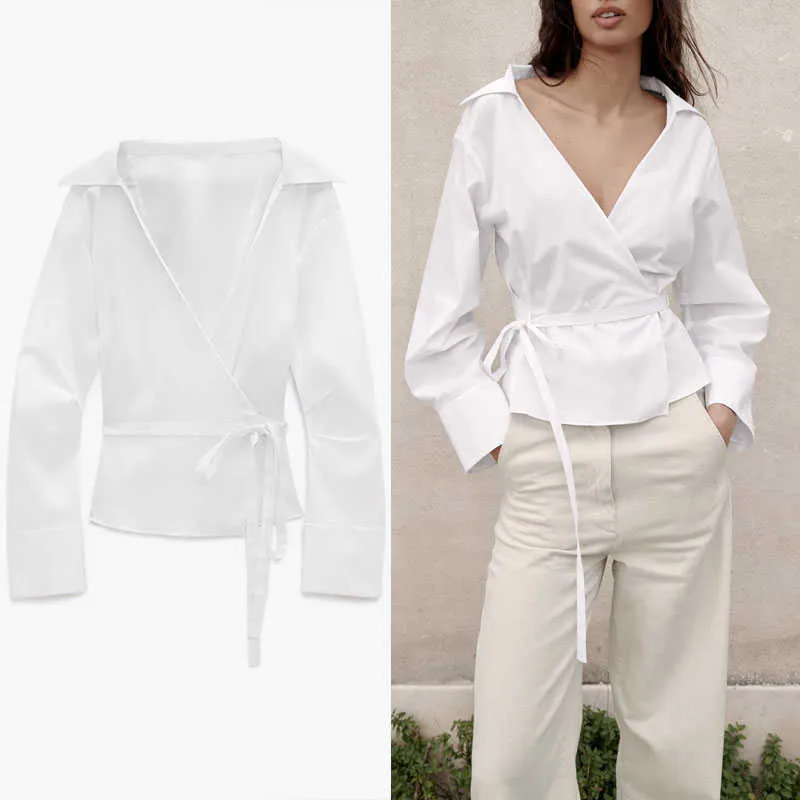 Za White Poplin Vintage Shirt Women Long Sleeve Pleated Spring Tied Shirts Woman Fashion Front Wrap Casual Top 210602