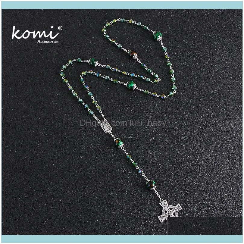 KOMi Vintage Round Green Grass Stone Bead Cross Pendant Necklace Rasary Catholic Long Necklace Jewelry Wholesale R-149