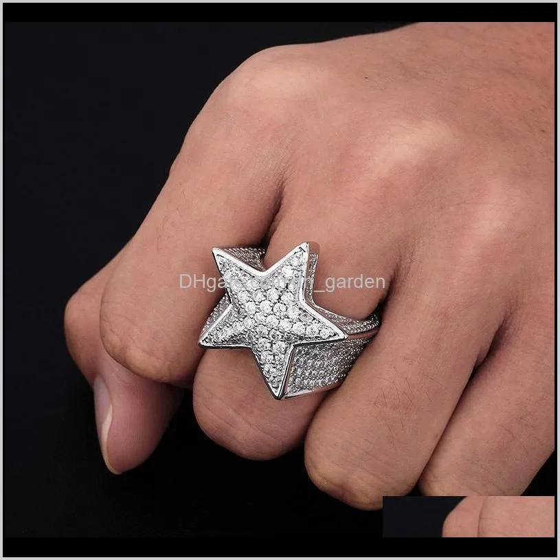 Mens Rings Fashion Exquisite 18K Gold Rhodium Plated Five-point Star Hip Hop Rings Luxury Bling Zircon Cluster Rings