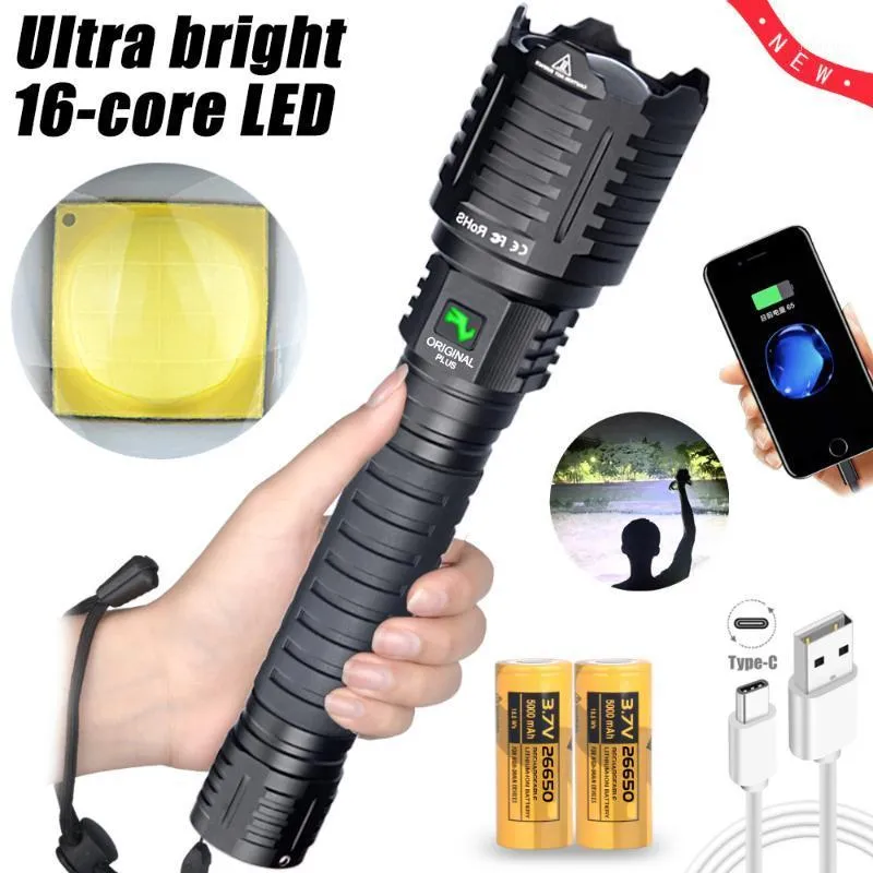 Latarki Pochodnie Potężne XHP160 LED USB C Akumulator 26650 Latarka 16 rdzeni 8800LM Tactical Hand Lampa na zewnątrz Camping Hun