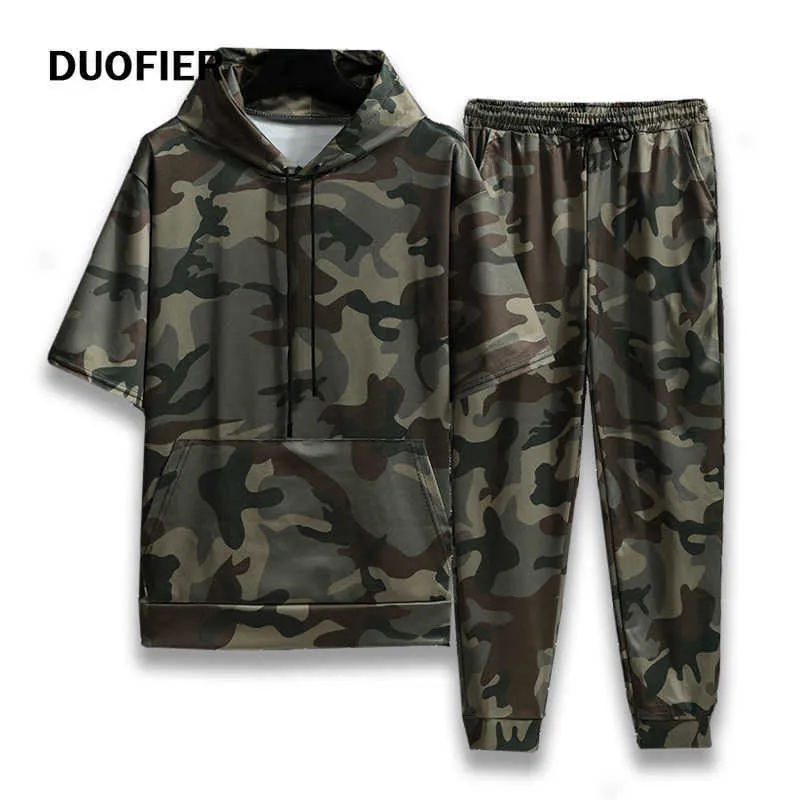 Vår sommar kamouflage män kostym sport fitness kortärmad hoodie + byxor män 2 stycken avslappnad utomhus mode shorts 210603