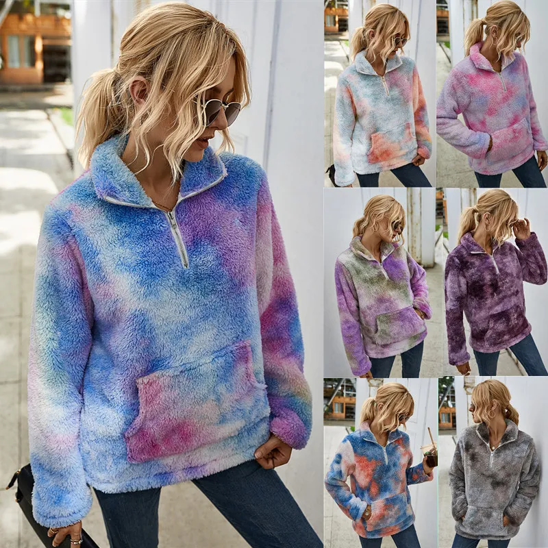 High Street Full Höst Fleece Zipper Coat Jacka Kvinnors Vinter Mode Tie-Dye Top Coats Plush Jacket Womens Clothing 210514