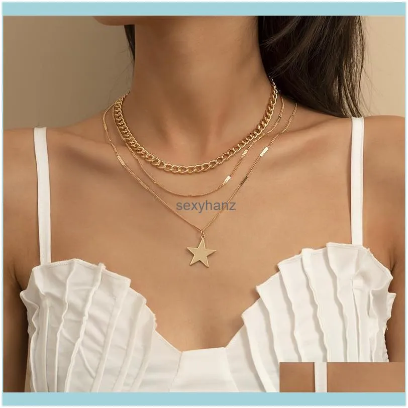 European Five-pointed Star Pendant Necklaces Women Multi Layer Gold Clavicle Chains Alloy Dress Sweater Party Necklace Fashion Jewelry