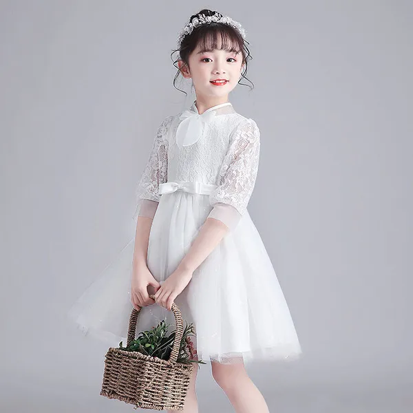 Filles robes été lanterne manches mode broderie dentelle arc princesse fête filles robe robe de bal blanc 4-9Y Q0716