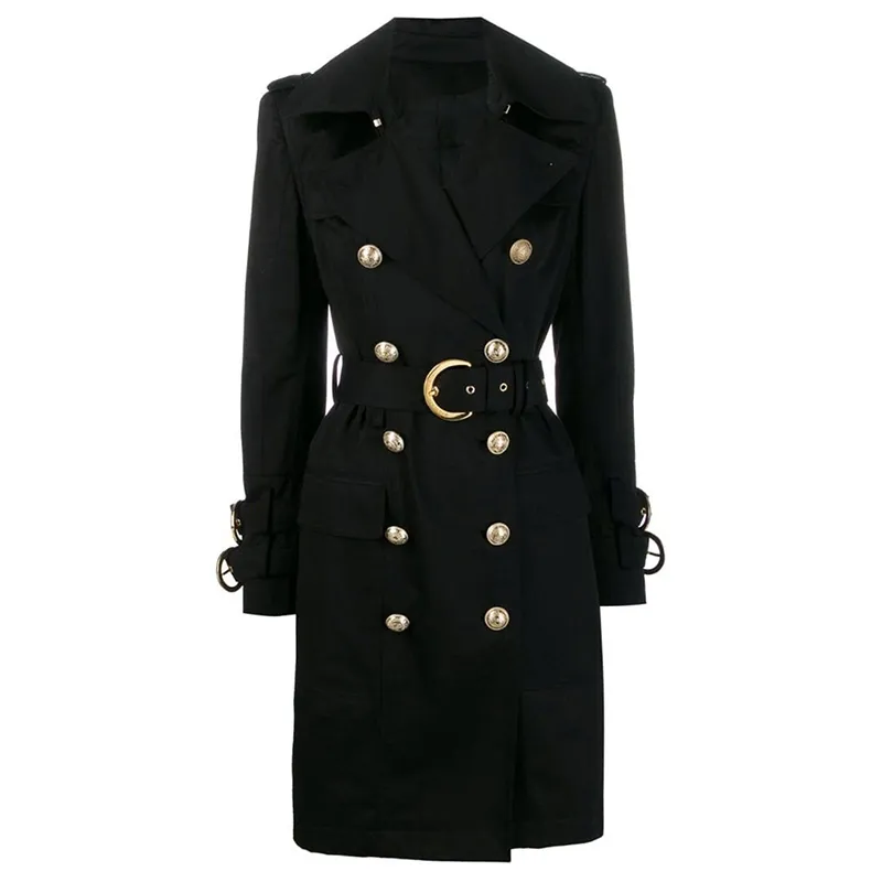 High Street Fall Winter Designer Trench Women's Doubled Breasted Lion Knappar Belted Overcoat 210521