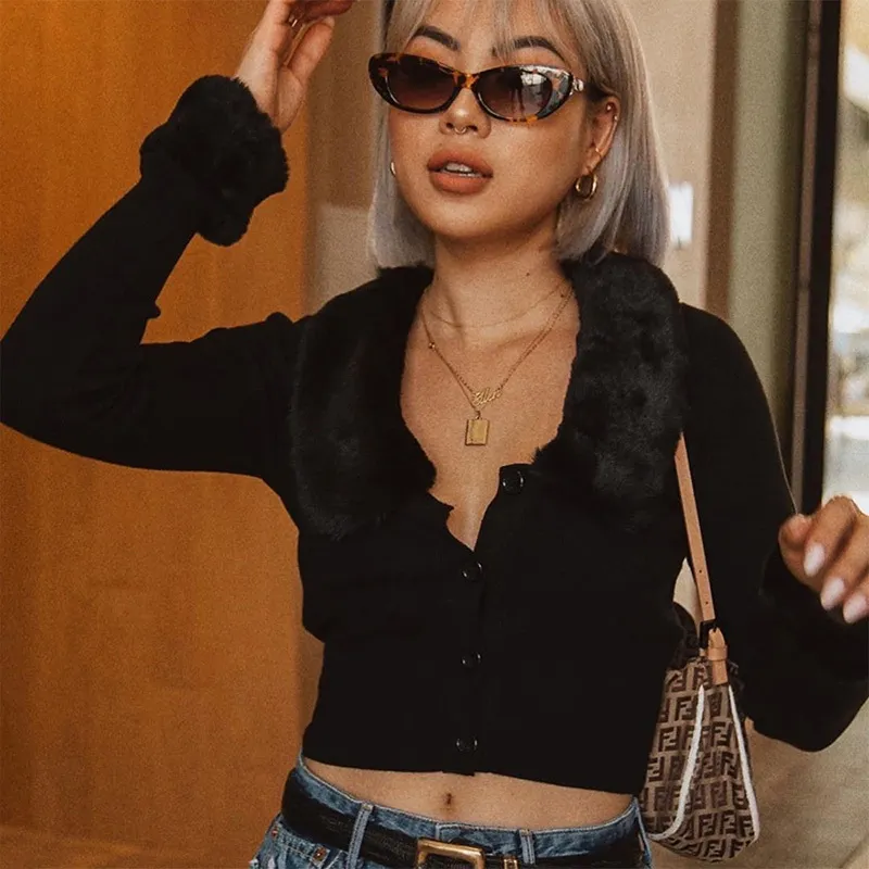 Knitted Women Short Cardigans Faux Fur Collar Crop Top Black Single Breasted Female Thin Sweater Spring Sexy Ladis Clothes 210518