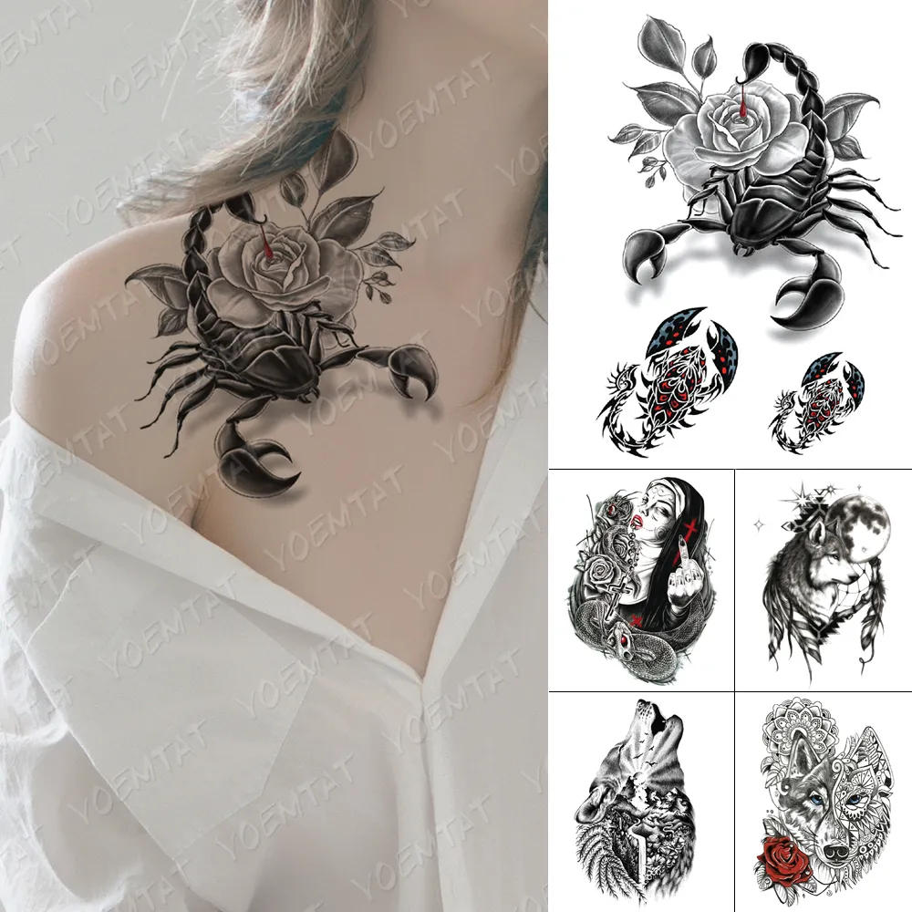 Waterdichte Tijdelijke Tattoo Stickers Schorpioen Bloed Rose Bloem Flash Tatoo Woman Body Art Fake Water Transfer Tattoo Men