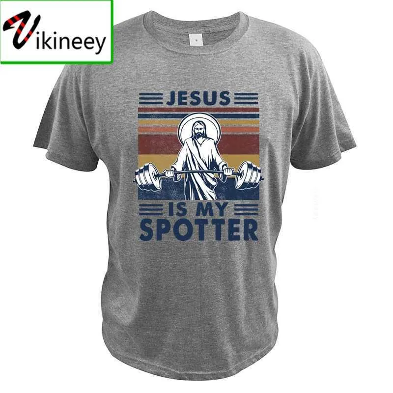 Jesus é meu spotter t shirt ginásio exercício halterofilismo deus cristão vintage engraçado 100% algodão roupas de verão 210629