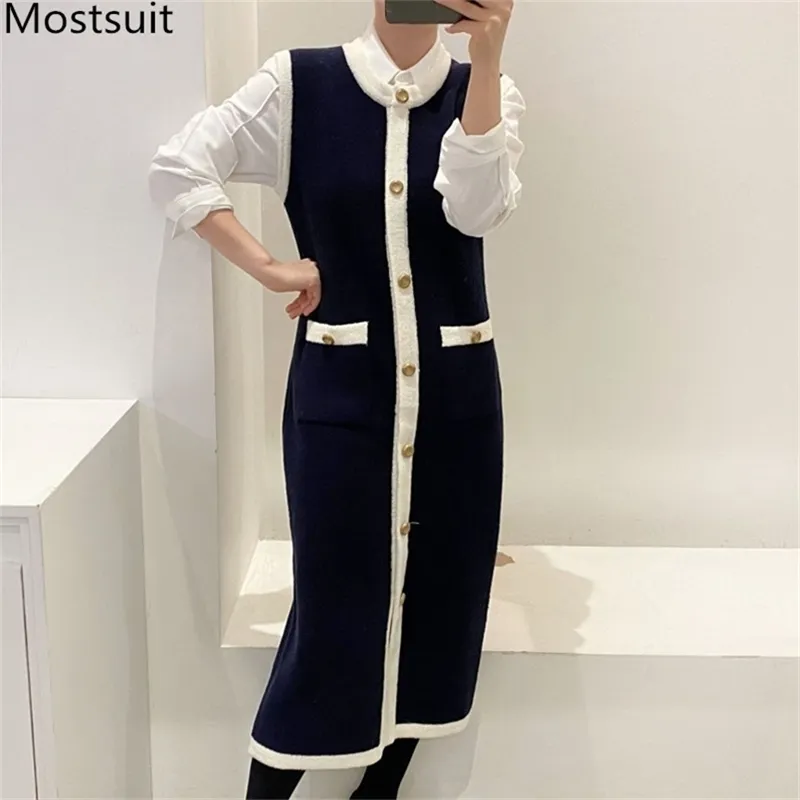 Koreanska Elegant Vintage Stickad Lång Vest Kvinnor Enstaka Bröst O-Neck Coat Fashion Ladies Color-Blocked Femme 210513