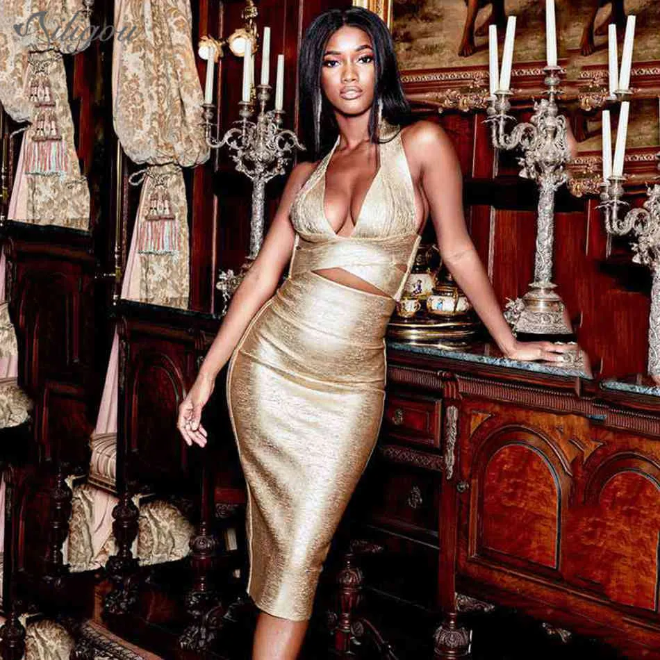 long005 Gold Sleeveless Knee Length Dress with High Slit