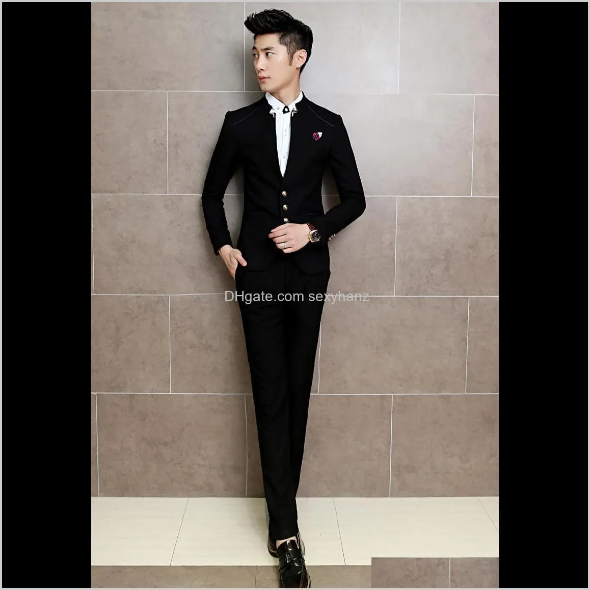 wholesale- men suits blazer with pants mandarin collar tuxedo slim fit 3xl men suits bridegroom costume homme mariage navy black wine