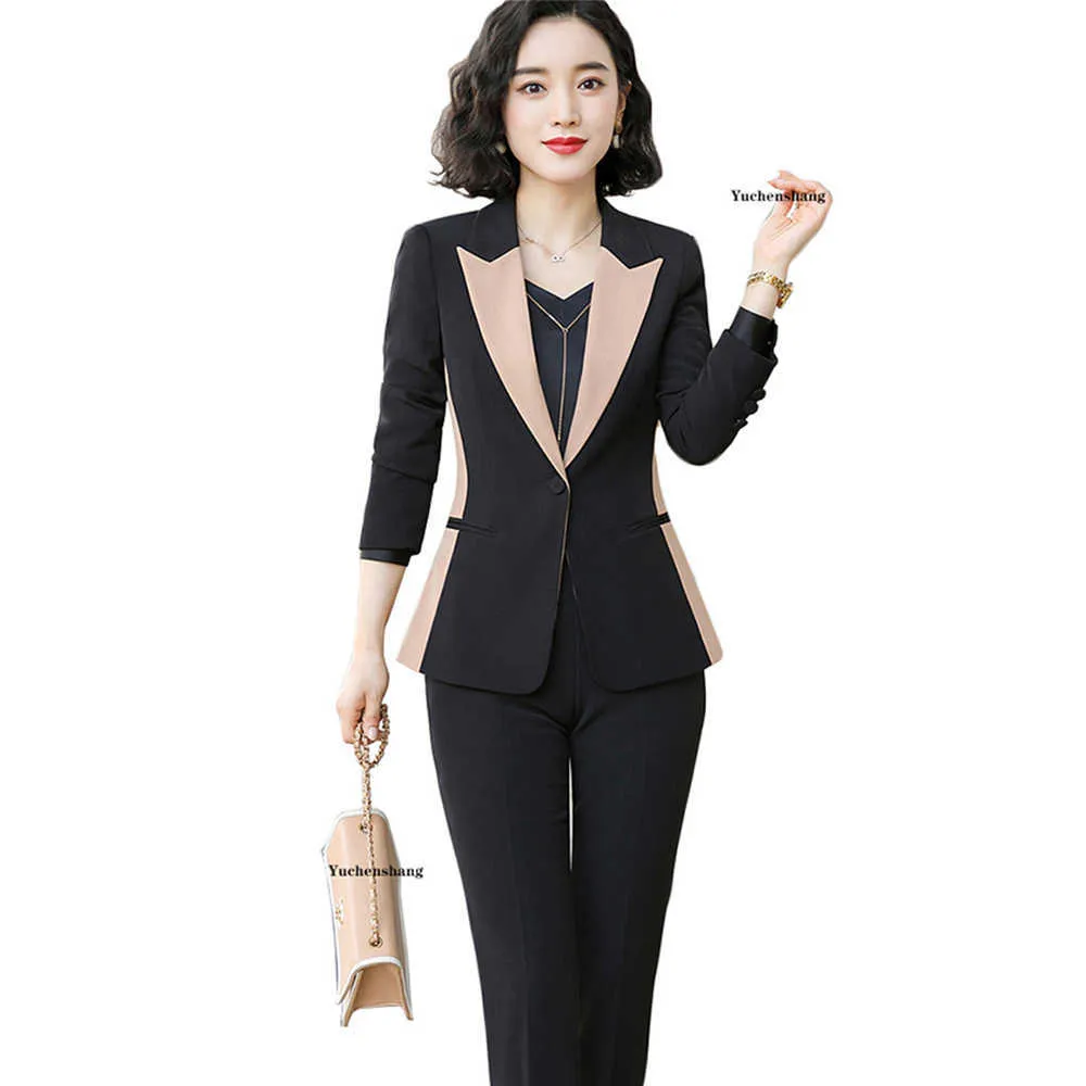 Pant Suit Women S-5XL Office Lady OL Black Apricot Work Jacket Blazer Coat And 2 Piece Set 210930