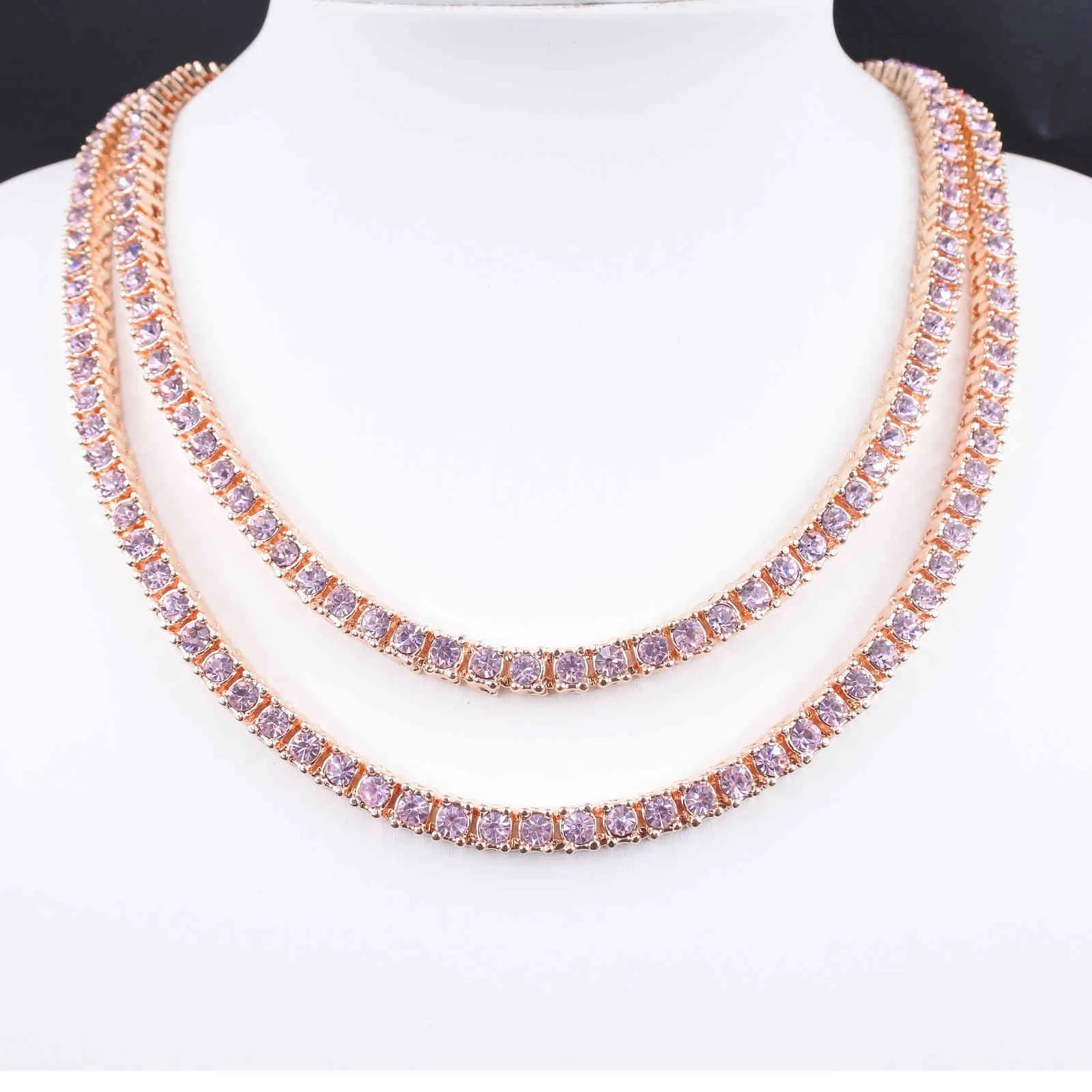 Rose Gold Pink Crystal 1 Row Tennis Chain Hip Hop Kvinnors Halsband Mäns Punk Rapper Sångare's Iced Out Bling CZ Fashion Smycken