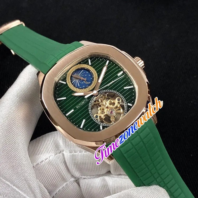 New Sport Aquanaut Green Dial Automatic Tourbillon Mens Watch Moon Phase Rose Gold Case Green Rubber Strap High Quality Gents Watches Timezonewatch G07A (5)