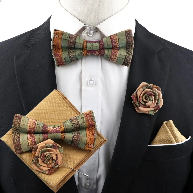 Neck Ties Cork Wood Bow Tie Set Mäns Novelty Handgjorda Floral Fast Färg Bowtie Brosch För Groom Bröllopsfest Retro Dräkt Tillbehör