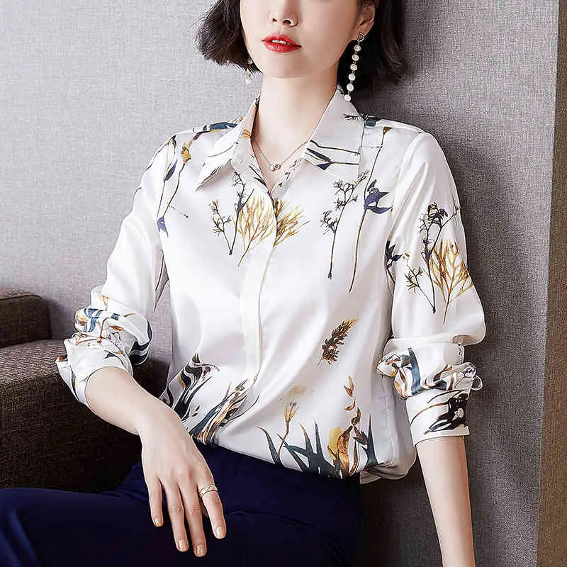 Koreańskie jedwabne koszule satynowe bluzki z długim rękawem kobieta druku bluzka plus rozmiar eleganckie kwiaty topy 210427