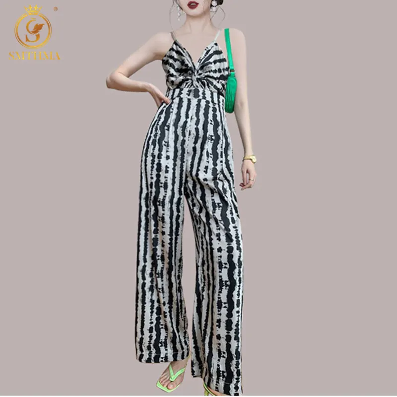 Mode High-Taille Drape Wide-Leg Jumpsuits Sexy V-hals Spaghetti Riem Print Leopard Jumpsuit 210520