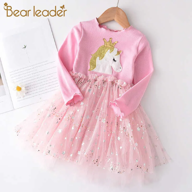Bear Leader Girls Sukienki Wiosna Jesień Z Długim Rękawem Kid Odzież Unicorn Patchwork Sukienka Gwiazda Wzór Girl Princess Kostiumy 210708
