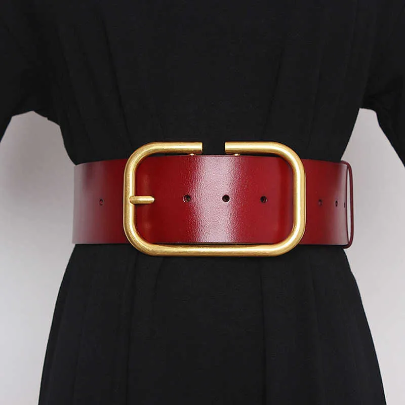 Pu Leather Big Buckle Split Joint Long Wide Belt Personality Women New Fashion Tide All-match Spring Autumn 2021