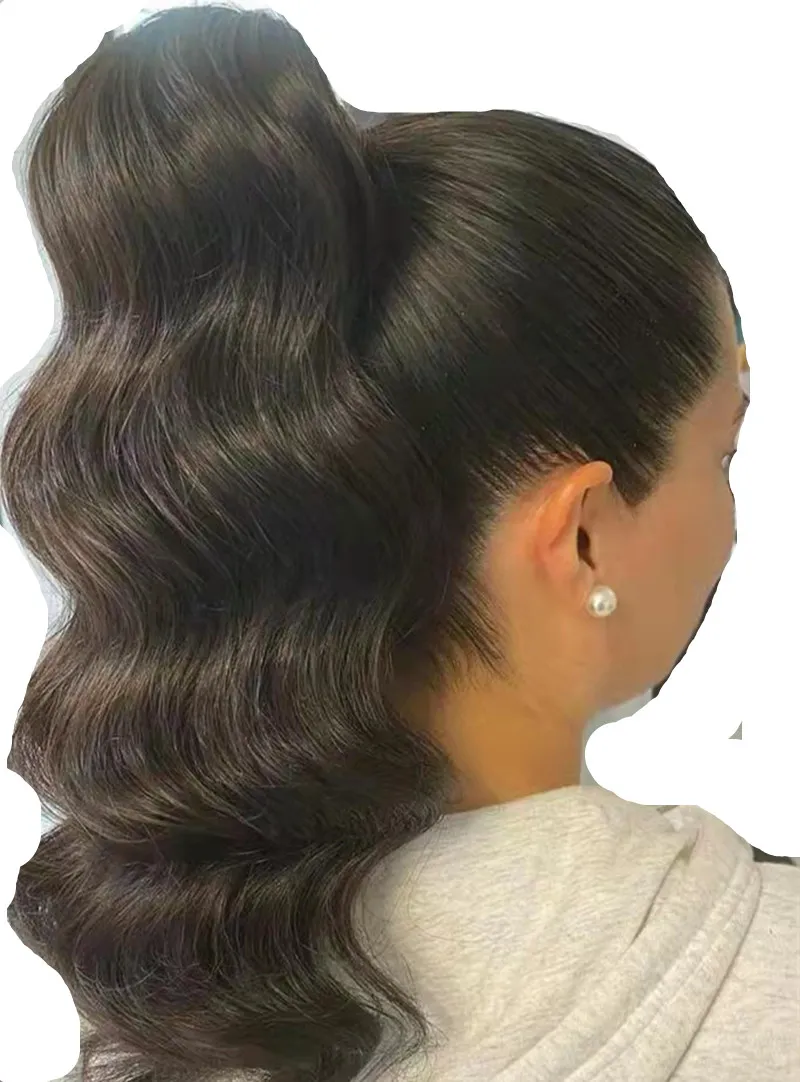 Mode Kroppsvåg Mänskligt hår Ponytail Wrap runt Naturligt hårstycke för svart Kvinnor Magic Paste Ponytail Malaysian Remy Wavy Clip In Extensions 140g / Piece