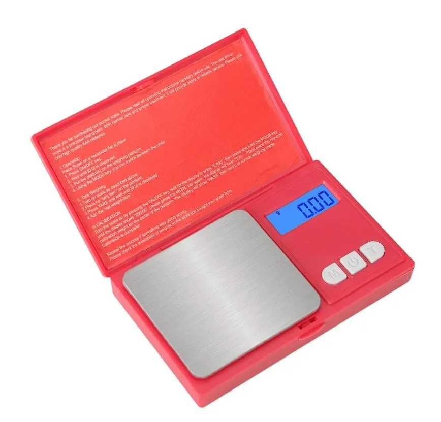 Mini bilancia elettronica digitale tascabile per gioielli rossa ad alta precisione 100/200/500 x 0,01 g 1000 g x 0,1 Batteria non inclusa