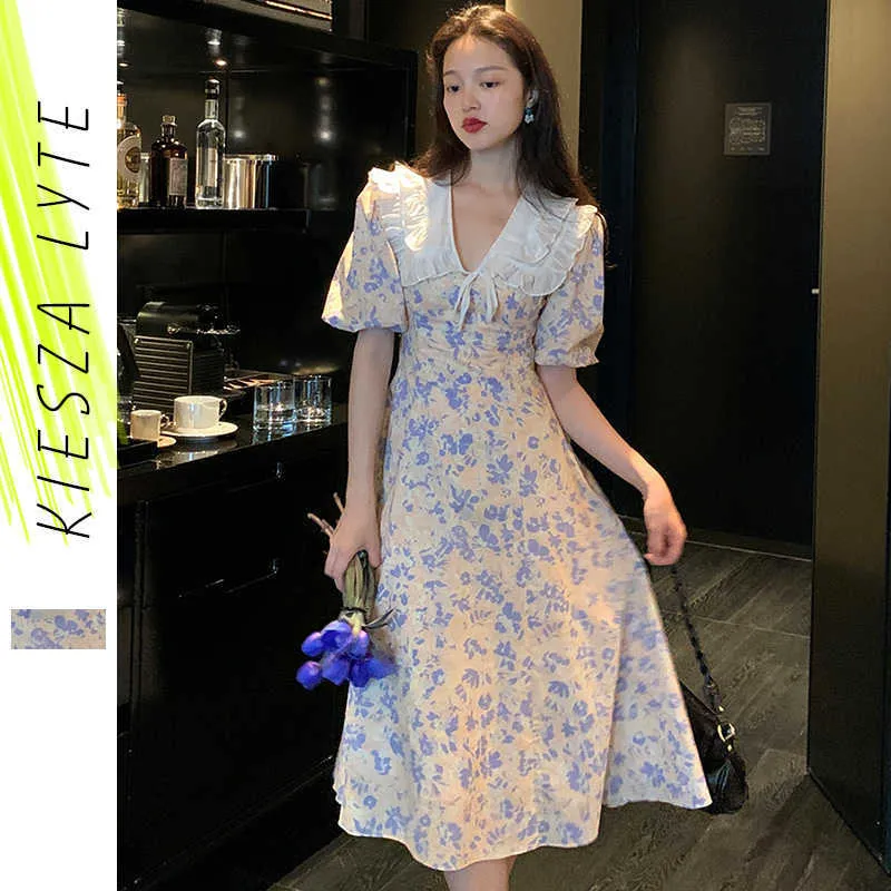 Mujeres verano chic moda estilo francés vestido floral peter pan collar manga corta vintage midi vestidos vestidos femeninos 210608