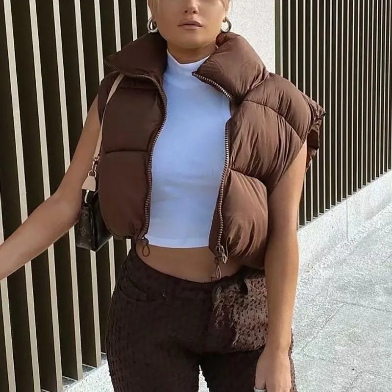 Gilets pour femmes Vintage Femmes Brown Gilets courts 2021 Printemps-Automne Mode Dames Mignon Puffer Gilet Manteaux Sweet Girls Chic Vêtements d'extérieur