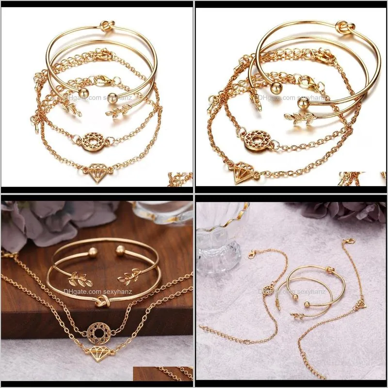 4pcs/set fashion bohemia leaf knot hand cuff link chain charm bracelet bangle for women gold bracelets femme jewelry