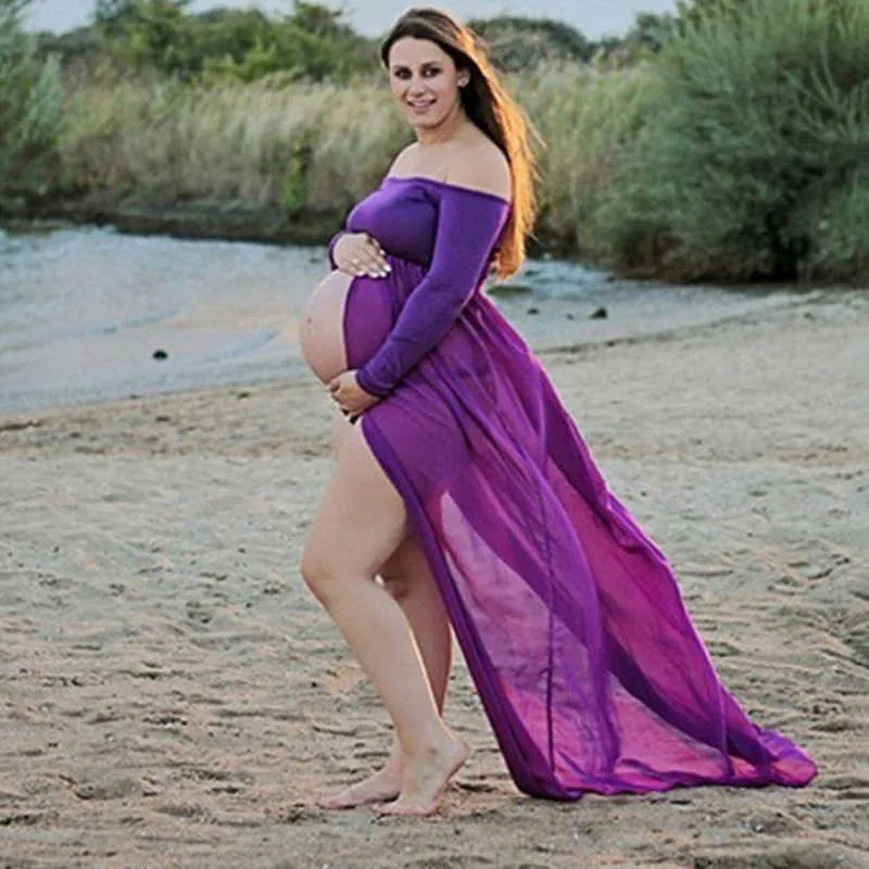 Mode robes enceintes couleur unie robe de maternité bustier tubulaire en mousseline de soie Joint fente-avant femmes enceintes robe longue de nettoyage