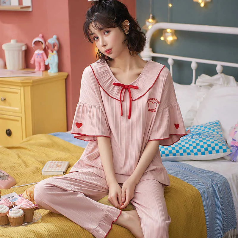 Paresseux Princesse Style Été Coton Femmes Pyjamas Ensemble Lâche Loisirs Manches Courtes Top + Pantalon Femmes Vêtements De Nuit Accueil Survêtement 210622