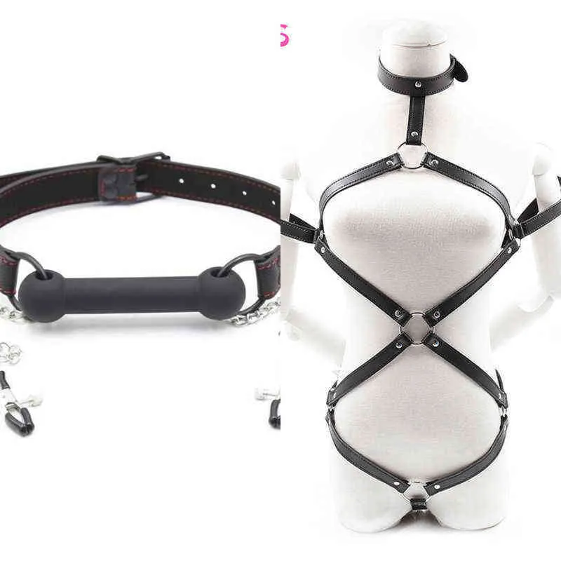 Nxy Sm Bondage Sex Product for Adult y Lingerie Leather Underwear Costume Ball Gag with Nipple Clamps Erotic Tos Shop 1223