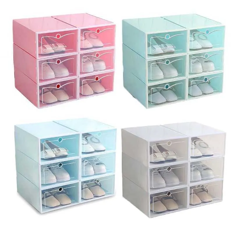 6Pcs Plastic Shoe Box Stackable Foldable Shoe Organizer Drawer Storage Case with Flipping Clear Door Ladies Men 33.5x23.5x13cm 210609