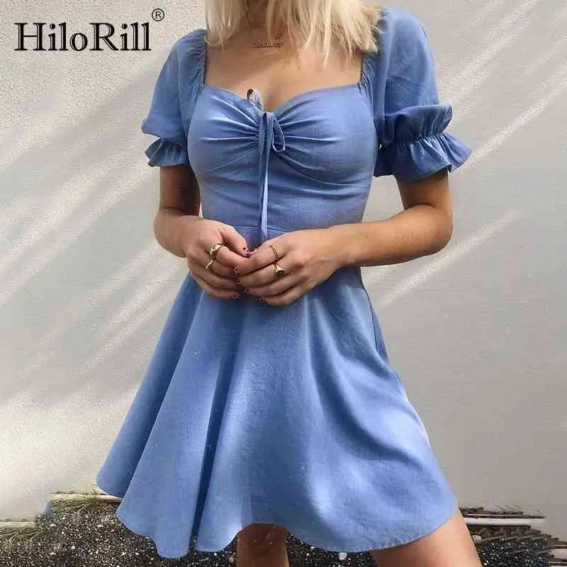 Sommer Elegantes blaues Minikleid Frauen Schmetterling Kurzarm Sexy Party Damen Fliege A-Linie Casual ES Robe 210508