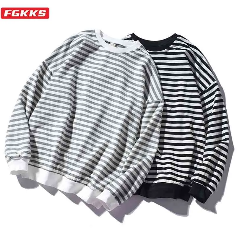 Fgkks tendência marca homens stripe size tops moda masculina selvagem confortável hoodies o-pescoço casual moletom 210720