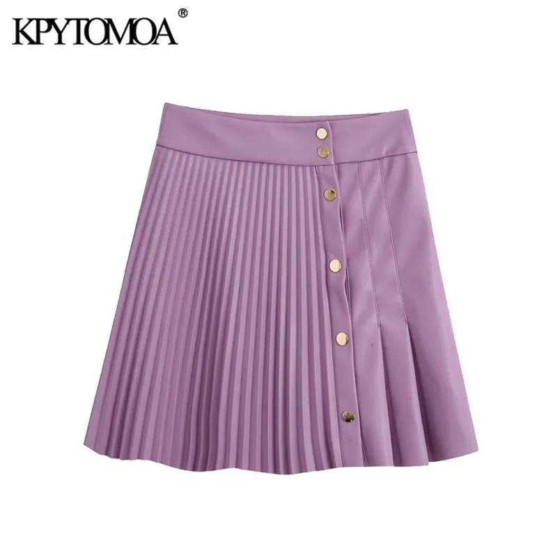 Women Chic Fashion Pleated Faux Leather Mini Skirt High Waist Snap Button Female Skirts Mujer 210420