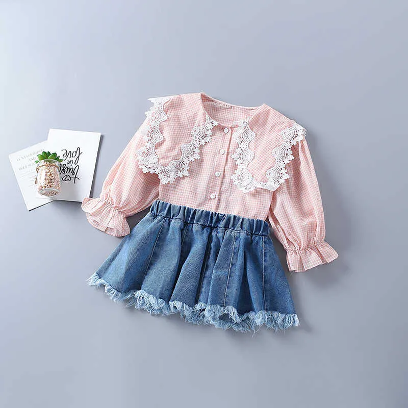 2-7年高品質の女の子服セット秋のファッションチェック柄ピンクイエローシャツ+ deminスカート子供子供服210615
