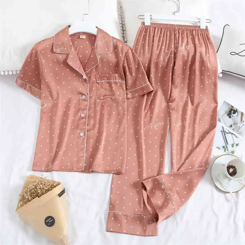 Lisacmvpnel Summer Women Short Sleeve Pajamas Ice Silk Polka Dot Print Fashion Pyjamas Set 210831