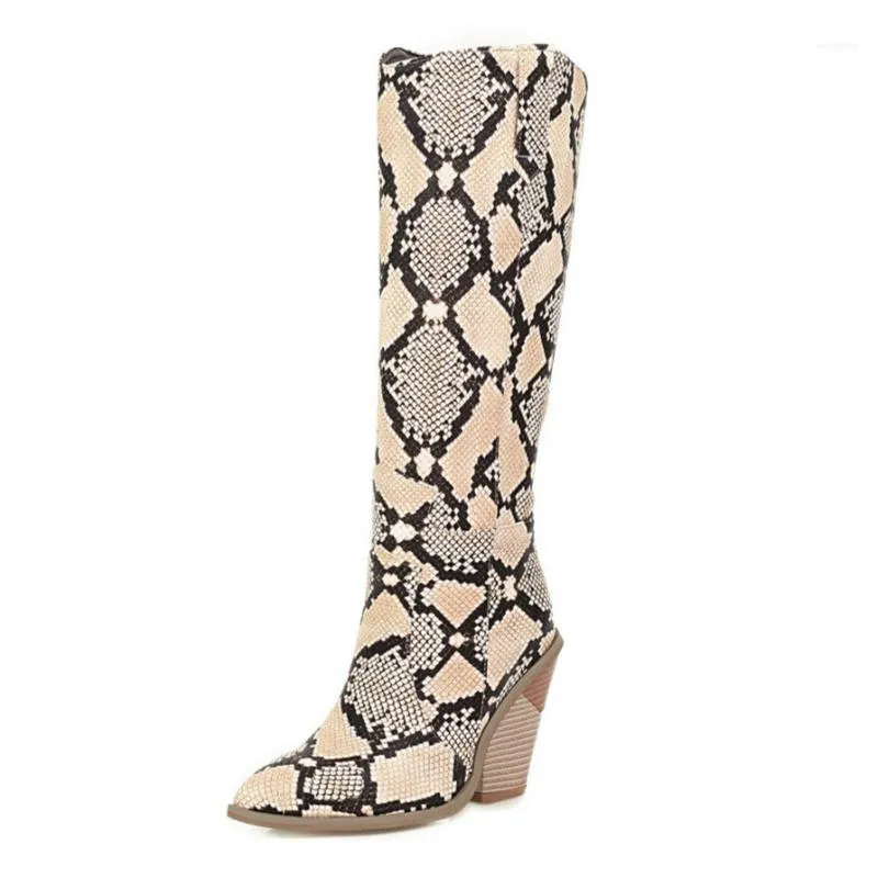 Boots Women Knee High Runway Pointed Toe Winter Warm Motorcycle Python Snake Pattern Chunky Heels Botas Mujer 2021 Fashion11