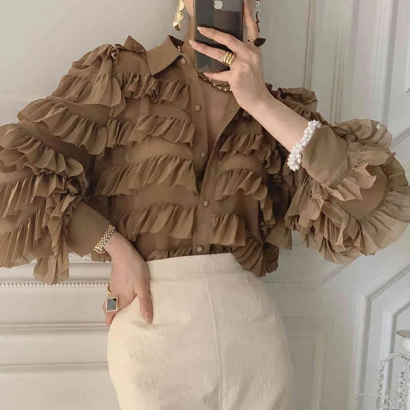 Women's Long Sleeve Loose Fit Ruffled Blouse - Army Green, White Coffee, Polyester, Casual & Office Style, Lantern Sleeve, One Size Women's Long Sleeve Loose Fit Ruffled Blouse - Army Green, White Coffee, Polyester, Casual & Office Style, Lantern Sleeve, One Size
