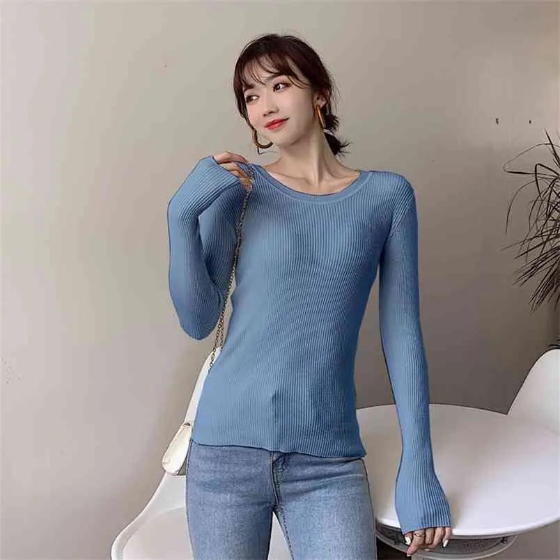 Stickad tröja höst och vinter rund hals solid färg långärmad botten skjorta koreanska trend varma kvinnor 210427