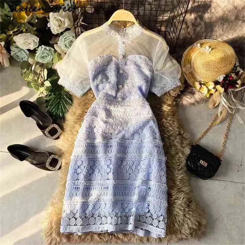 Blå spets klänning kvinnlig sommar o-hals mesh patchwork bodycon hög midja kortärmad vintage mini kvinna kläder 210603