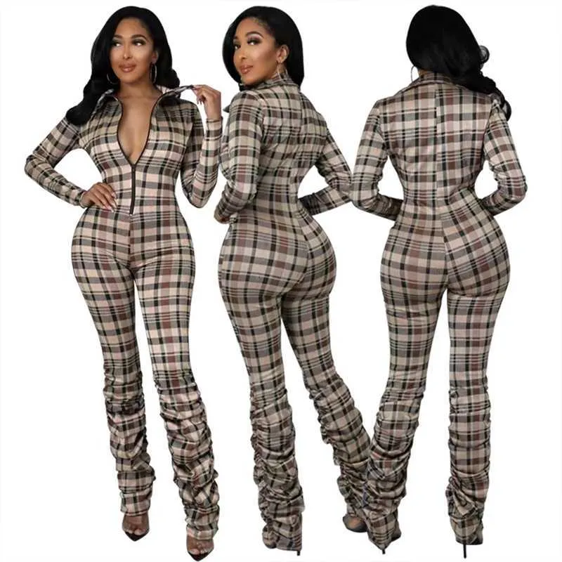 Womans Plaid Jumpsuits elegant Slim Fit Lapel Neck Zipper Spring Long Sleeve Pile Of Pants Fashion pleated Rompers