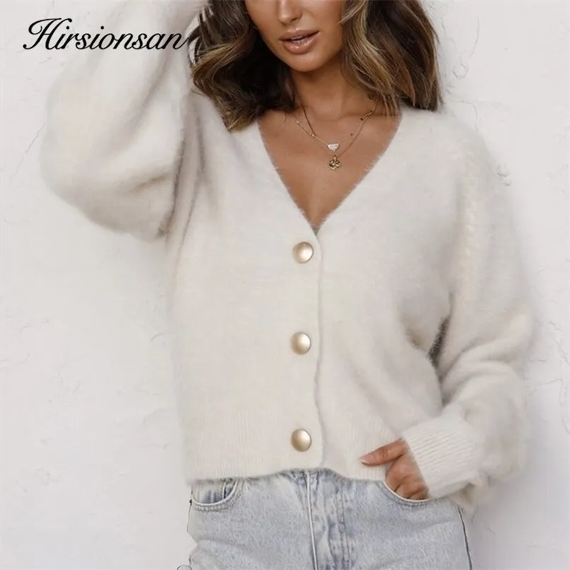 Hirsionsan Elegant Long Sleeve Mohair Sweater Women Single-Breasted Female Short Cardigan Soft Flexible Knitted Outwear 211120