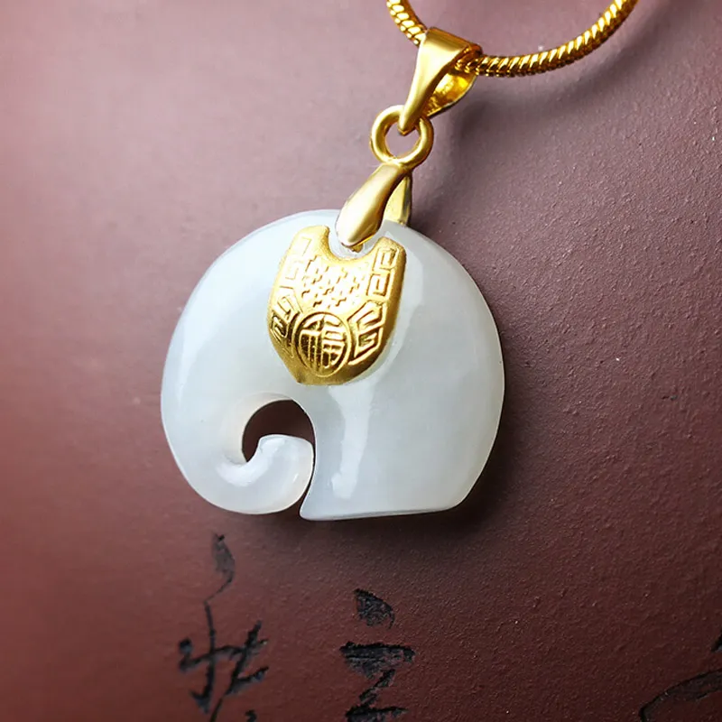 Or Jade Pendentif Collier Drop Shipping Hetian Jade Éléphant Pendentif Chanceux Amulette 24K Or Bijoux Pour Femmes Hommes