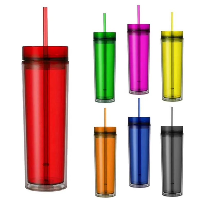 tazas de plástico transparente PS acrílico con paja de doble capa Botellas de oficina de moda 6 colores