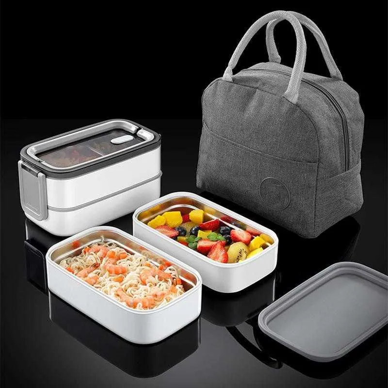 Double Layer Lunch Box Portable Stainless Steel Eco-Friendly Insulated Food Container Storage Bento Boxes with Keep warm Bag