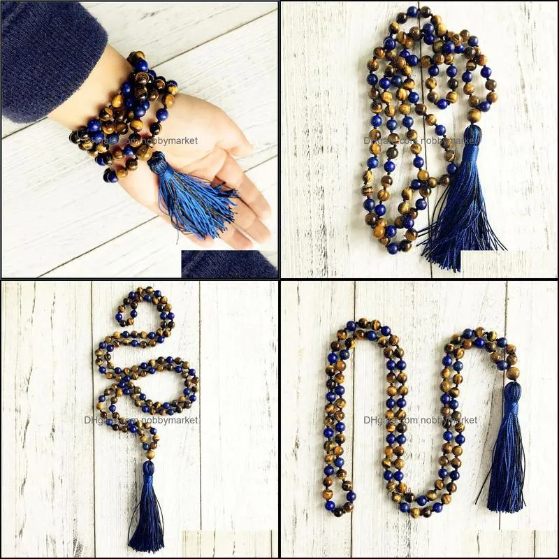 108 Mala Beads Necklace Tiger Eye & Lapis Lazuli Knotted Tassel Necklace Long Necklaces Yoga Jewelry Meditation Jewelry 210323