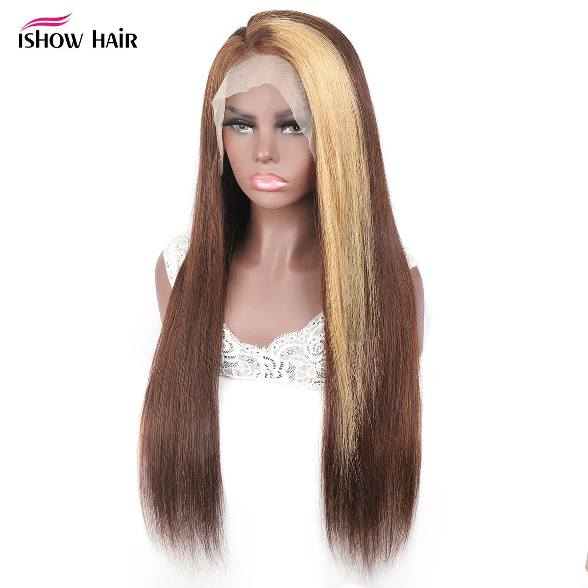 Ishow 28 30 pouces 150% 180% 250% haute densité 4*4 perruques de cheveux humains perruque de fermeture en dentelle transparente droite pour les femmes blond miel 4/27 mettre en évidence la couleur ombrée