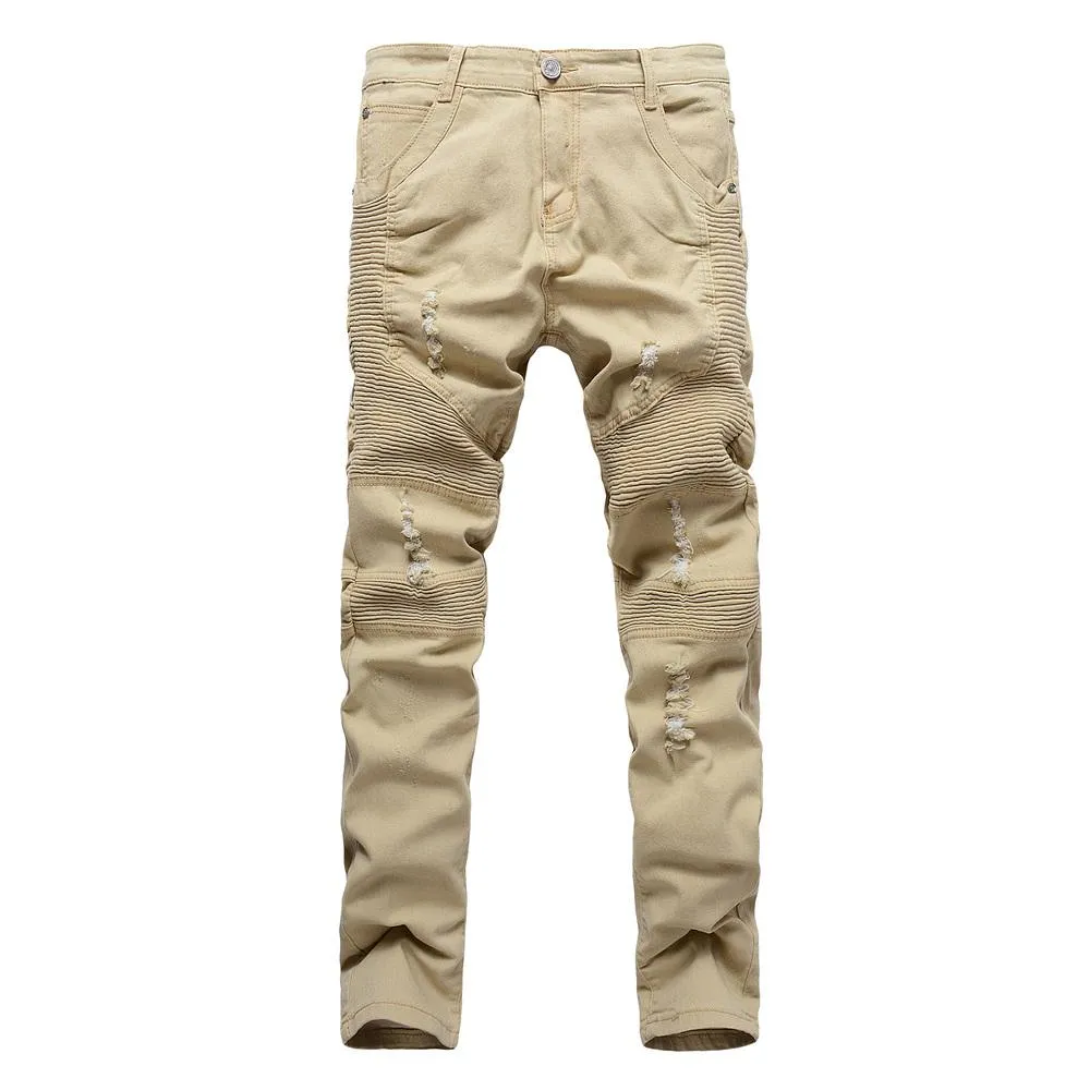 QNPQYX Khaki Biker Jeansプリーツデザインメンズスキニースリムストレッチデニムパンツヒップホップストリートリッピングジーンズ