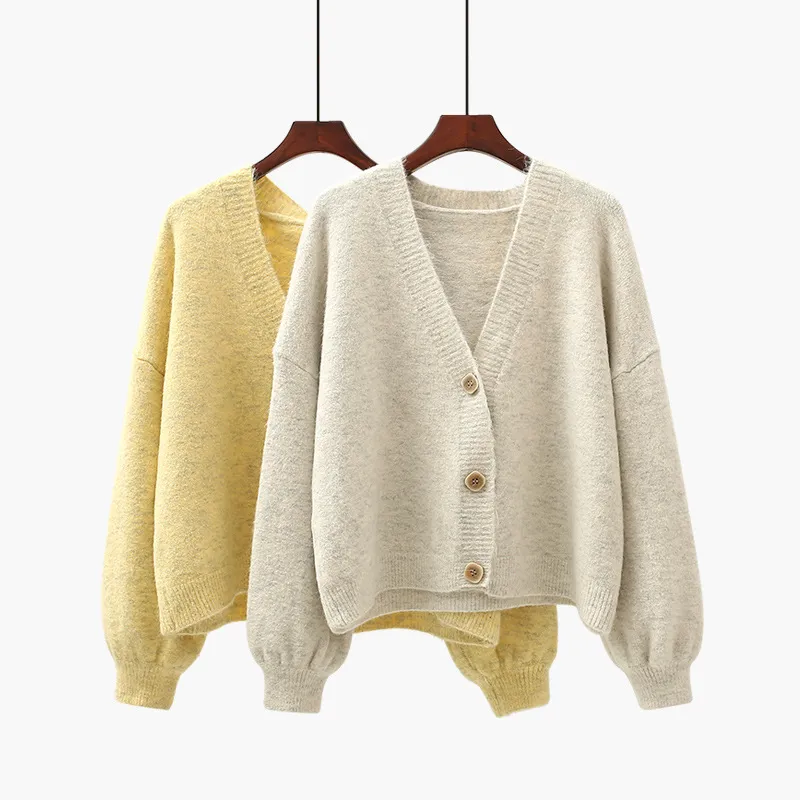 Autumn Cashmere Lantern Sleeve V-Neck Sweater Cardigan women's loose student top Knitwear coat vintage sweater Cardigans 210420